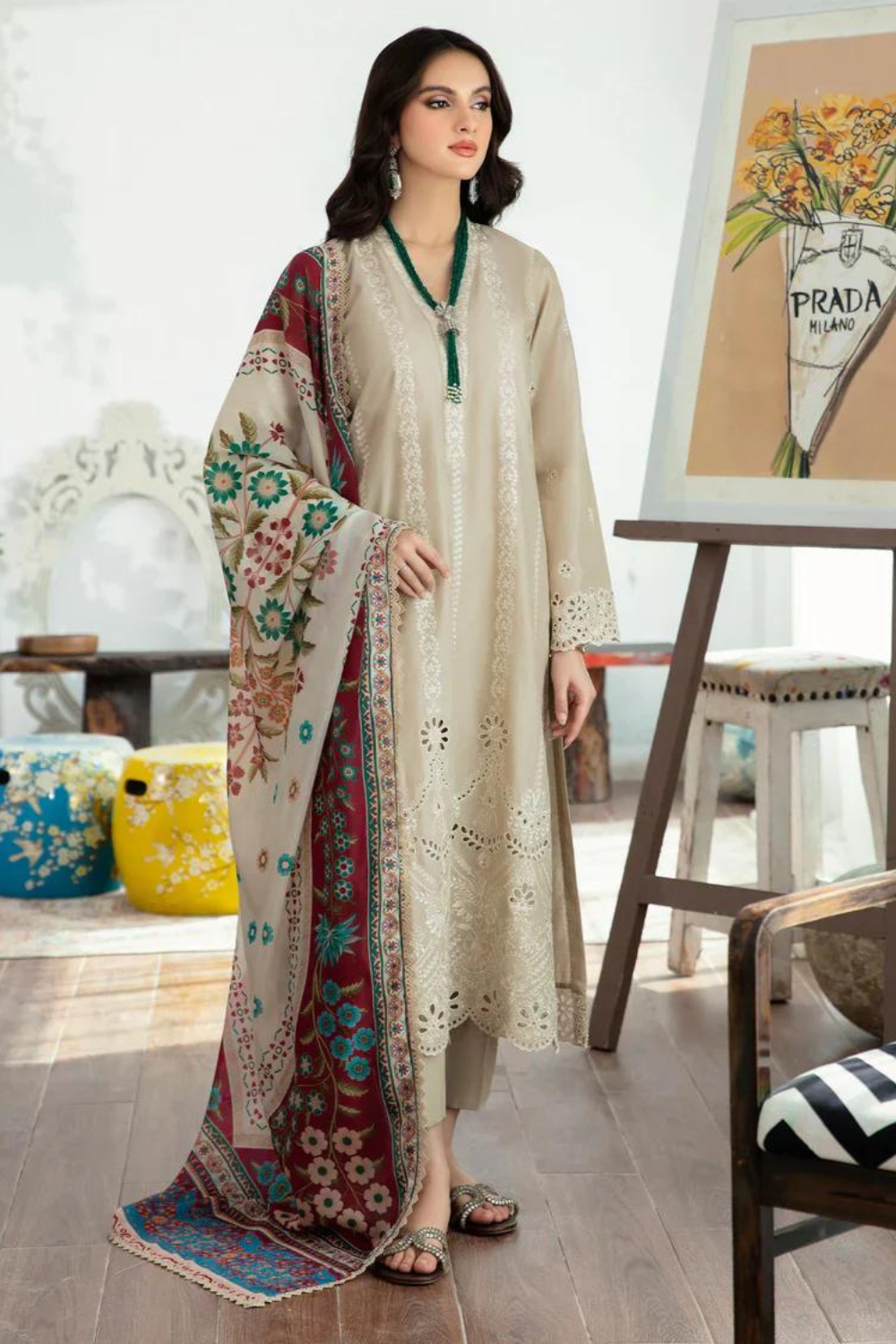 Maria B Dhanak 3PC Chickenkari Embroidered Shirt With Print Shawl-663