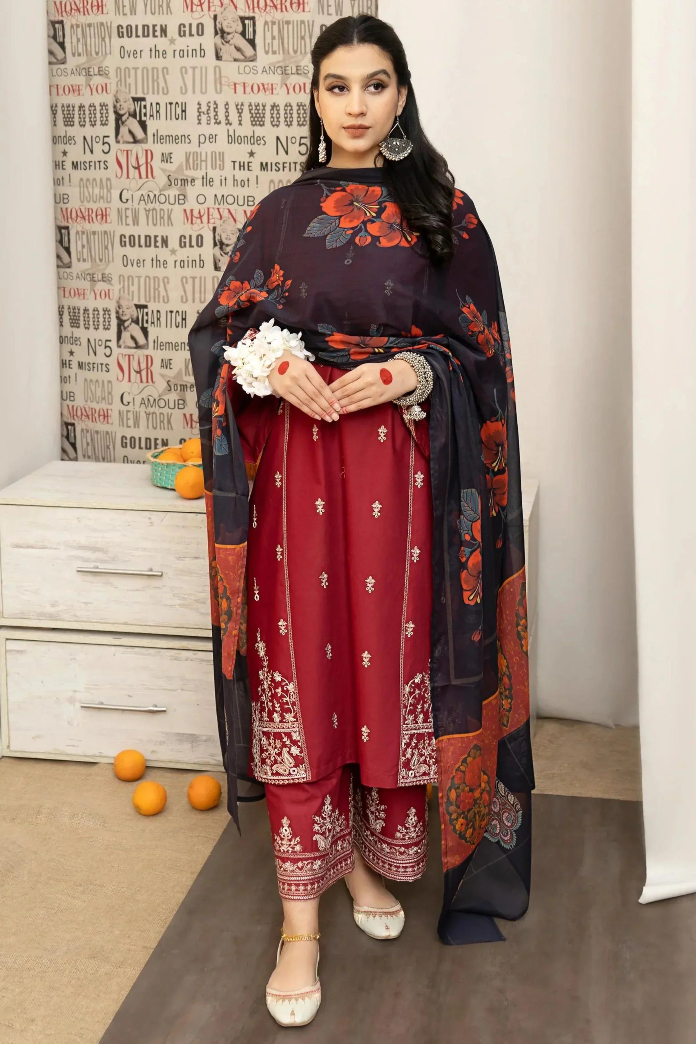 URGE Dhanak 3PC Embroidered With Digital Printed Shawl-657