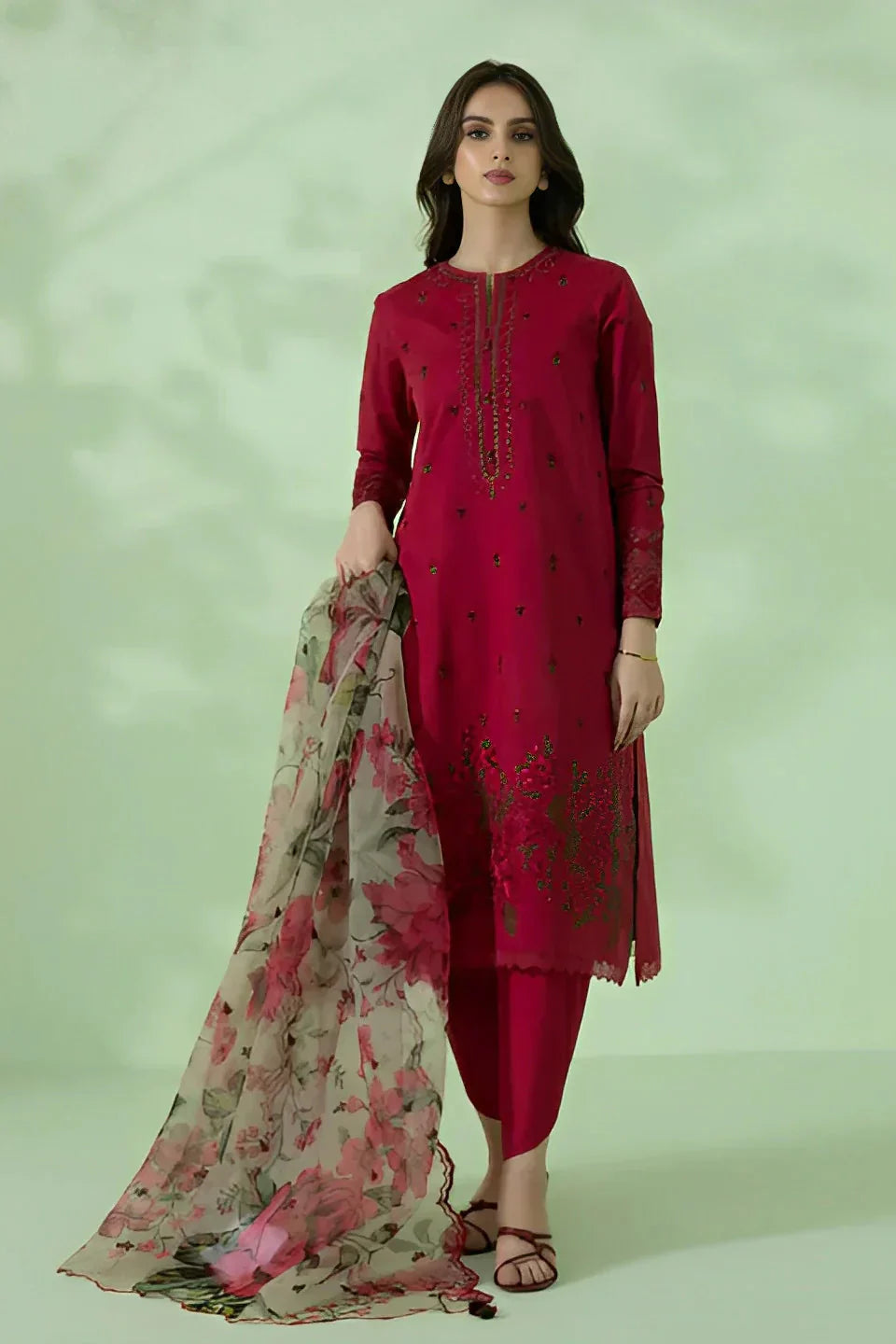 SAPPHIRE 3PC Dhanak Embroidered Shirt With Organza Printed Dupatta-677