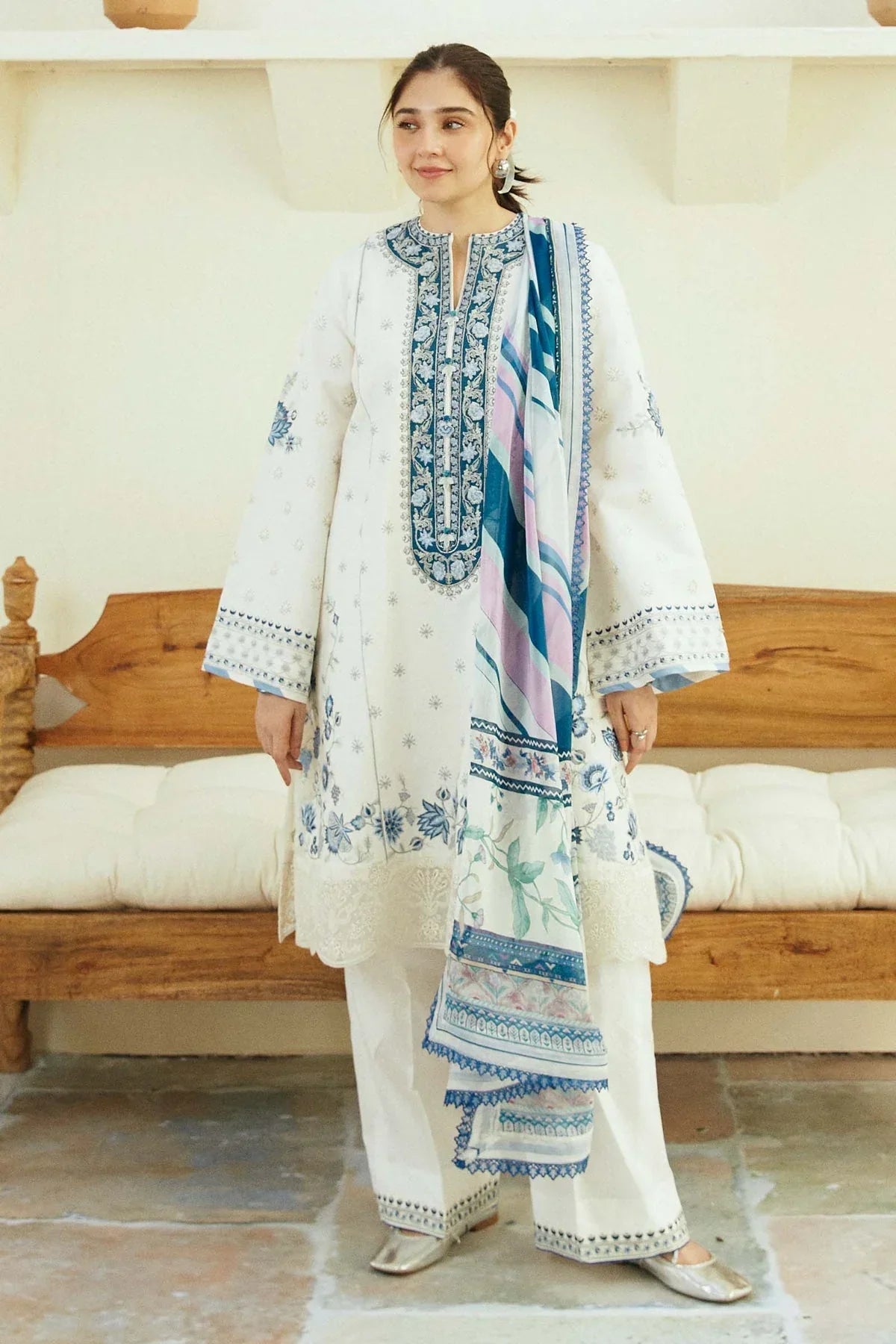 ZARA SHAHJAHAN 3PC Dhanak Embroidered Shirt With Printed Dupatta-675